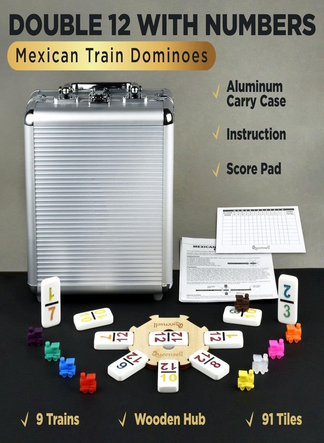 Queensell Mexican Train Dominoes Set with Numbers, Double 12 Dominoes Sets for Adults, Mexican Domino Train for Adults and Family - Domino Sets 91 Tiles with Aluminum Case - Image 2
